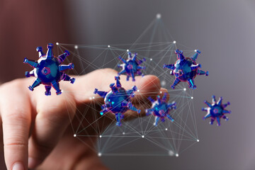 Poster - Abstract 3D rendering of viruses connected by a network, representing digital health or global pandemic.