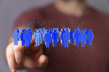 Poster - Image of a hand interacting with a digital network of people, representing social connections and global community.