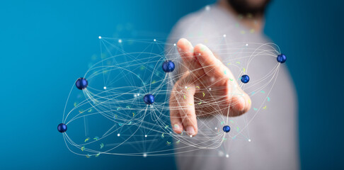 Poster - Image depicts a hand interacting with a digital network, showcasing global connectivity and data interaction.