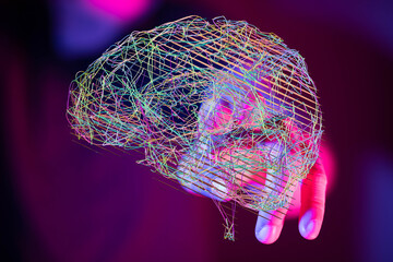 Poster - Stock photo of a hand interacting with a colorful 3D brain model, representing AI, neural networks, and technology.