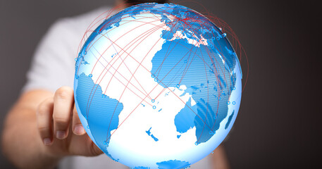 Poster - Hand interacting with a digital globe, illustrating global connectivity and networking.