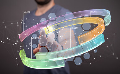 Poster - Abstract image of a person interacting with a holographic data display showing business analytics and progress.