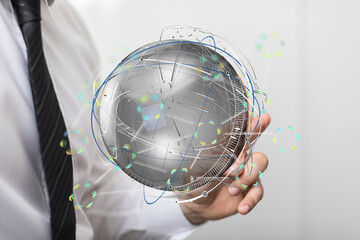 Poster - Image of a businessman holding a digital globe, representing global network and technology.