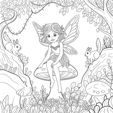 Cute Cartoon Fairy with Wings in a Field of Flowers Black and White Coloring Page. 
