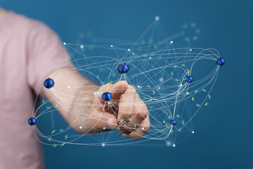 Poster - Abstract image of a hand interacting with a digital network.  Represents connection, technology, and global communication.
