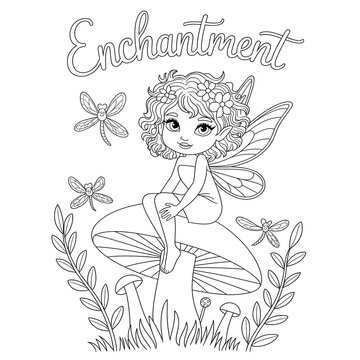 Cute Cartoon Fairy with Wings in a Field of Flowers Black and White Coloring Page. 
