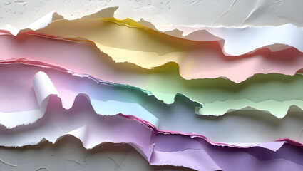 Poster - Abstract Colorful Layers of Torn Paper with Soft Pastel Hues and Textured Edges Creating a Gentle Organic Flow