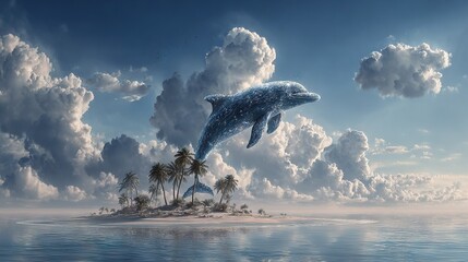Wall Mural - a dolphin jumps from ocean water onto an island in the center