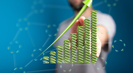Poster - Stock photo depicting a person interacting with a growing graph, symbolizing financial success and business growth.