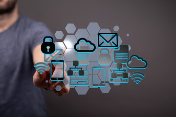 Poster - Image of a person interacting with digital icons representing network security, cloud computing, and data sharing.