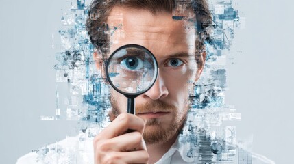 A researcher is intently examining an array of digital data using a magnifying glass. The modern workspace is adorned with abstract tech visuals representing information analysis