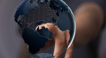 Poster - Abstract image of a hand interacting with a digital globe, representing global connectivity and networking.