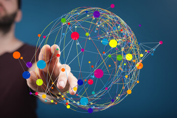 Poster - Abstract image of a hand interacting with a colorful global network. Represents connection, communication, and technology.