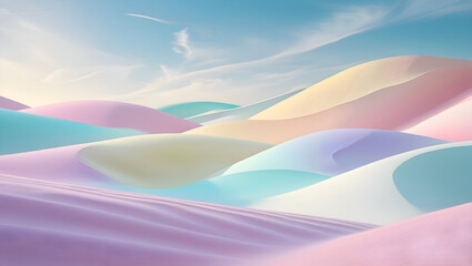 Poster - Dreamy pastel sand dunes under a soft blue sky with wispy clouds creating a serene and tranquil landscape painting