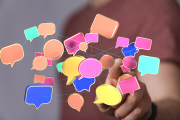 Poster - Abstract image of interconnected speech bubbles, symbolizing communication and networking.