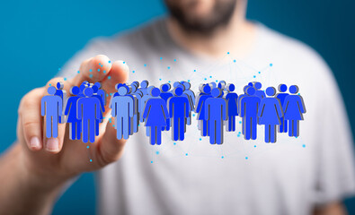Poster - Image of a hand interacting with a digital network of people, representing social connections and global community.