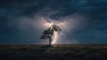 Wall Mural -  A lightning-illuminated tree amidst an expansive field