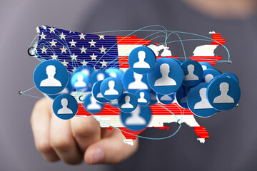 Poster - Image of a network connecting people across the United States. Ideal for social media, networking, and communication.