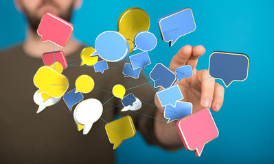 Poster - Stock photo of a hand interacting with a network of speech bubbles, representing online communication and social media.