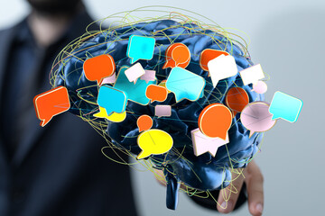 Poster - 3D render of a brain with colorful speech bubbles.  Concept of communication, ideas, and networking.