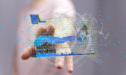 Poster - Abstract image of a hand interacting with a digital data visualization. Perfect for technology, finance, and data analysis concepts.