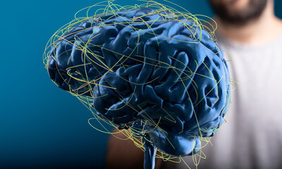 Poster - 3D rendered human brain with glowing neural connections.  Concept of intelligence, AI, and neuroscience.