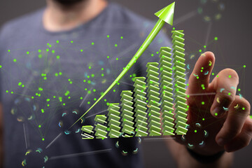 Poster - Stock photo of hand interacting with a 3D green upward trending bar graph, symbolizing growth and success.