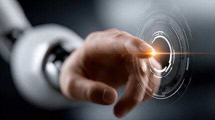 Poster - A robot hand delicately touches a holographic screen displaying a circular wave, showcasing advanced artificial intelligence technology