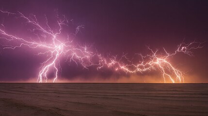 Wall Mural -  vast sand dunes framed by lightning bolts against a serene water backdrop