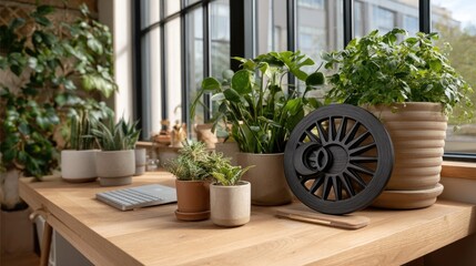 Poster - Black steel wall art of the sun and moon adds a stylish touch to a bright workspace filled with vibrant plants and natural decor.