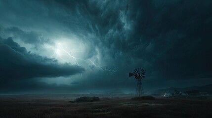 Wall Mural - a windmill sits in a field beneath a dark sky, illuminated by a lightning bolt in its midst