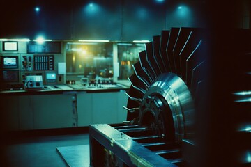 Poster - Industrial turbine in a dimly lit control room showcasing machinery details and engineering precision