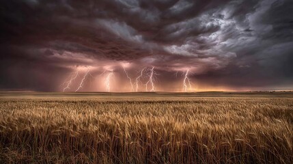 Wall Mural - grass field with lightning above wheat in foreground