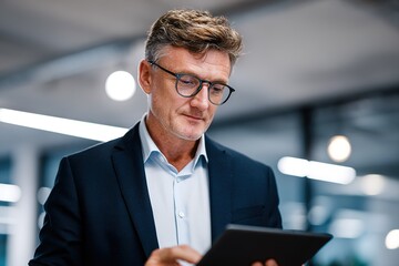 Poster - Business professional engaged with digital device in modern office setting during work hours
