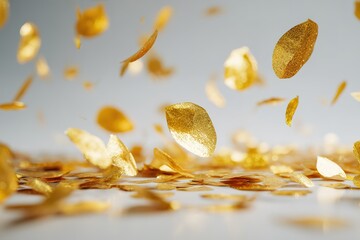 Poster - Golden confetti falls gracefully onto a clean surface during a festive celebration in a bright setting