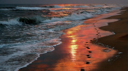Wall Mural - the sun sets on a beach with sand footprints and an incoming wave