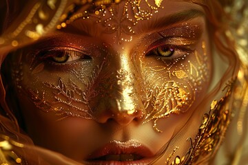 Poster - Close up portrait of a woman with golden makeup and veil, creating a luxurious and glamorous look