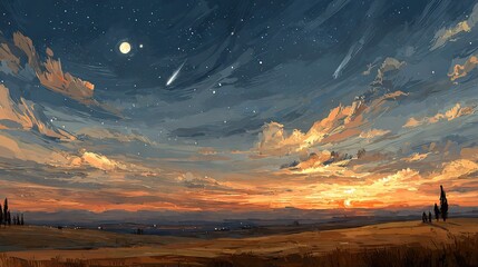Wall Mural - a beautiful sunset painting captures the vast field, star-filled sky, and faint object in the distan