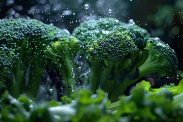 Poster - Water droplets splashing on fresh broccoli, highlighting its vibrant green color and promoting healthy eating habits