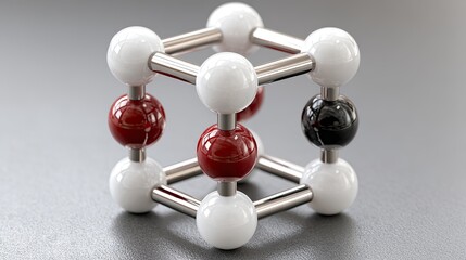 Poster - An abstract tech network features black and one red sphere, centered around a cube formed by metal sticks in a minimalist style