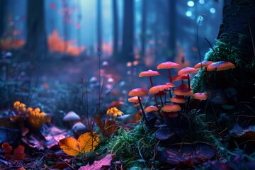 Poster - Cluster of colorful mushrooms growing on mossy forest floor with magical light and fog