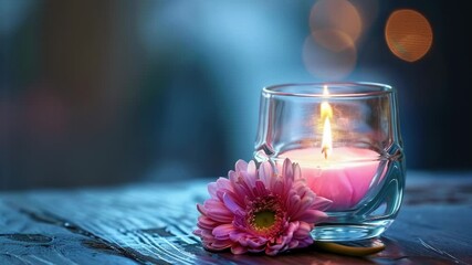 Wall Mural - A single pink flower sits next to a lit candle on a quiet surface
