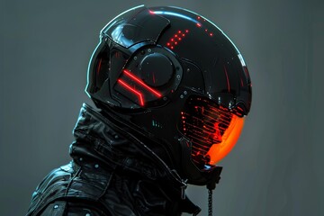 Poster - Cyberpunk motorcyclist wearing futuristic helmet with glowing visor and red lights