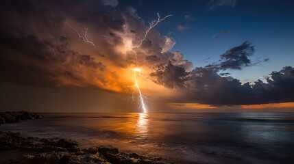 Wall Mural -   Lightning bolt above water with rocks in foreground and dark clouds in back