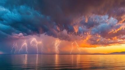 Wall Mural - a lightning strike group in the sky above a water body and a distant mountain