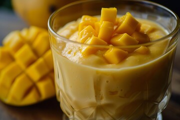 Poster - Refreshing mango lassi topped with diced mango pieces, perfect for a hot summer day