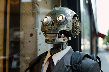 Poster - Robot dressed in business suit walking down a city street, representing artificial intelligence and automation in modern jobs