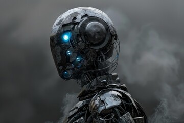 Poster - Futuristic robot emerging from the smoke in a desolate landscape, showcasing advanced technology and artificial intelligence