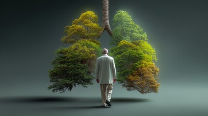 Poster - Man walks through a forest of trees with a large tree in the background that r