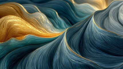 Poster - Painting of a mountain range with a blue and gold wave